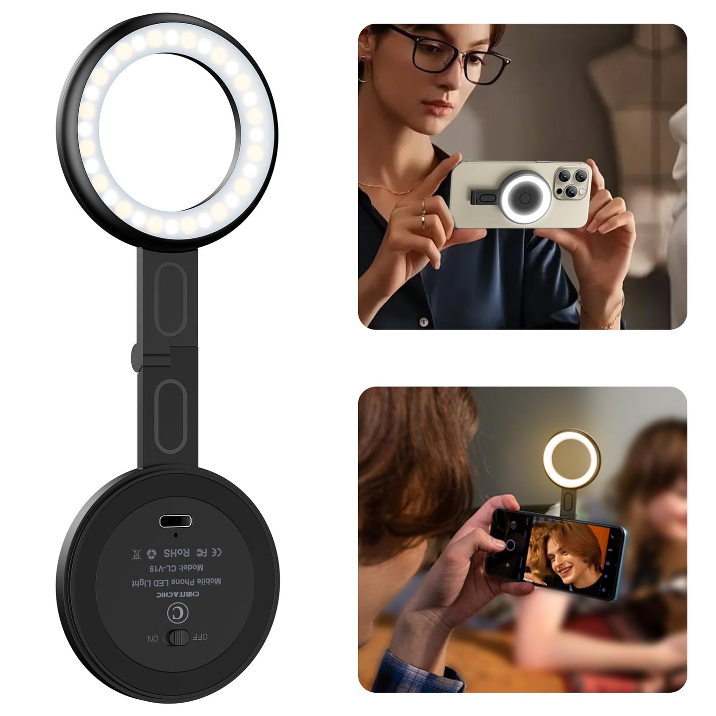 Magnetic Selfie Light - Magsafe Compatible LED Phone Light Included Sticky Ring 6 Lighting Modes Fill Light for Photos TikTok Zoom Live Streaming Vlogging Video Conference (Black)